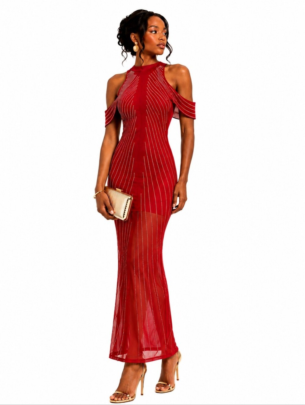 BURGUNDY RHINESTONE DETAILS MESH DRESS